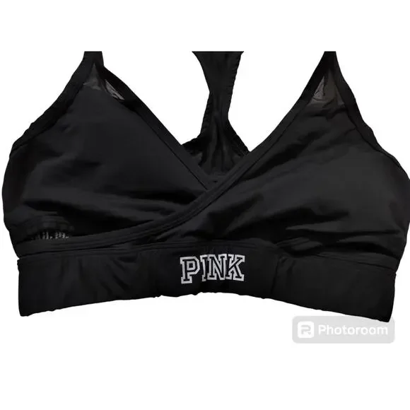 Pink victoria secrets ultimate lightly lined black sports bra wrap meshh size L - Picture 2 of 7